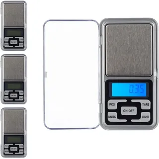 4 x Digitale Feinwaage, wiegt bis 200 g, 0,01 g Schritte, Tara- & Zählfunktion, kalibrierbar, Mini Taschenwaage, silber