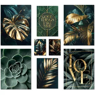 ARTFAVES® Poster Set - GOLD PLANT HARMONY - mehrteilige Wanddeko Wohnzimmer & Schlafzimmer - 8 moderne Wandbilder Pflanzen Bilder, grün, Blätter, Monstera - ohne Bilderrahmen