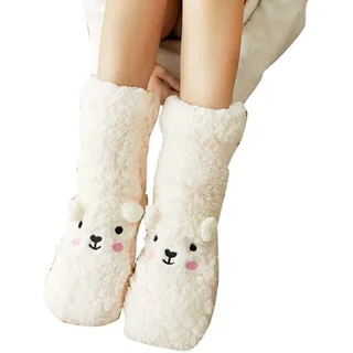 LinRim Flauschige Socken für Damen, Bettsocken, niedlicher Bär, Kuschelsocken Stoppersocken Dicke Wintersocken Warme Haussocken Schlafsocken Thermosocken - Einheitsgröße