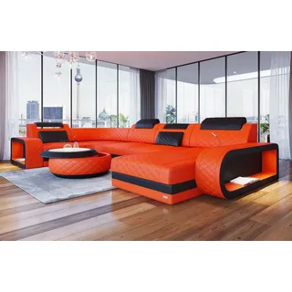 Sofa Dreams Wohnlandschaft Berlin U Form Mini Leder, Designersof, 6-Sitzer, LED-Beleuchtung, Couch, Kopfstützen, USB-Anschluss, Ottomane orange|schwarz