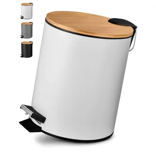 VMbathrooms 5L Kosmetikeimer in edlem weißem Design | Tretmülleimer mit Absenkautomatik (Soft Close) | Eleganter Eimer fürs Bad mit Innenbehälter und Bambus-Holzdeckel
