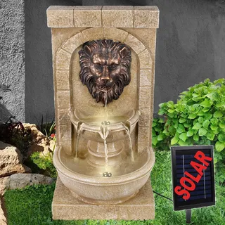 Solar Gartenbrunnen Brunnen Zierbrunnen Zimmerbrunnen Springbrunnen Brunnen mit LED-Licht, Wasserfall Wasserspiel für Garten (Solarbrunnen LÖWENHERZ mit LED-Licht)