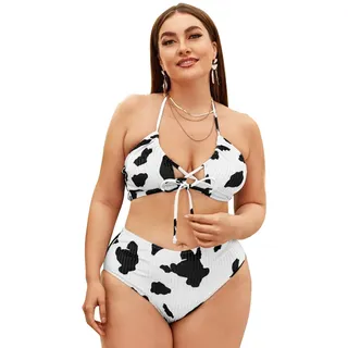XIEHC Bikini Damen High Waist, Plus Size Cow Print, Split High Waist Bikini, Schwarz und Weiß, XL,Tiefer V Ausschnitt Gepolstert Strandmode