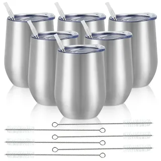 Weingläser aus Edelstahl, 340 ml, doppelwandig, isoliert, Weinglas, Weinbecher ohne Stiel aus Edelstahl mit Deckel, für Kaffee, Wein, Cocktails, Champaign, Silber, 6 Stück