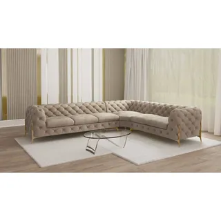 s-style möbel - Chesterfield Ecksofa mit Metall Füßen Creme Samtstoff - Ottomane rechts, B/T/H: 323 cm/ 264 cm/ 75 cm
