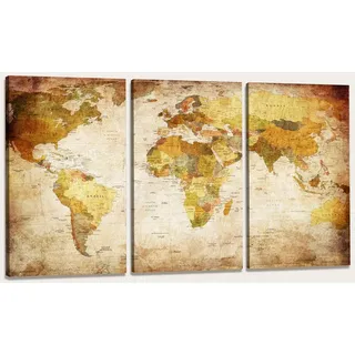 Visario Leinwandbild Weltkarte 160x90 cm 1166 XXL Wandbild Vintage Braun Gold Ocker Nostalgisch Antik Stil Fertig Aufgespannt Echter Holzrahmen Wohnzimmer Schlafzimmer Büro Flur Wanddekoration Modern