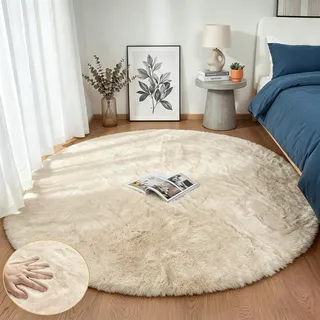 Goolela Runder Teppich Beige 180 cm, Großer Kunstfell Teppich für Wohnzimmer