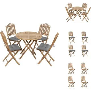 vidaXL 5-tlg. Garten-Essgruppe mit Kissen Klappbar Bambus - Gartenmöbel-Sets - Grau