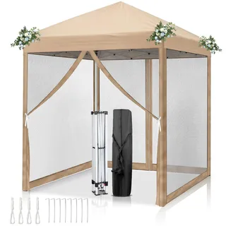 LEADZM Pavillon,Faltpavillon,Wasserdicht,UV Schutz 50+,Höhenverstellbar mit Moskitonetzen, Stabil, Ideal für Garten, Terrasse, Camping und gewerbliche Nutzung (Khaki, 2x2-4 Seitenteilen)
