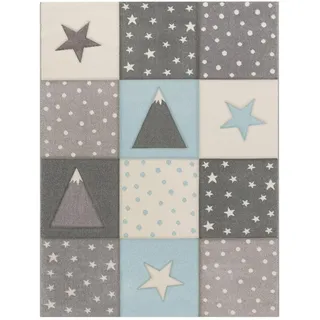 TT Home Kinder Teppich Spielteppich Karos Punkte Sterne Mond Pastell Türkis Weiß Grau, Größe:133 cm Quadrat