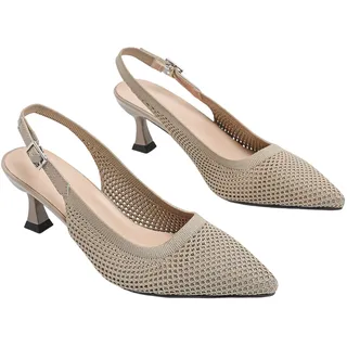 Damen Slingpumps, Slingpumps Damen Kitten Heels Sandalen Spitz Slingback Pumps Sexy Absatzschuhe Bequem Stiletto Breite Füße Elegant Atmungsaktiv Beige 41 - 41 EU