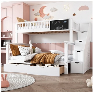 Flieks Etagenbett, Kinderbett mit Tafel Treppe Schubladen 90x200cm+140x200cm weiß