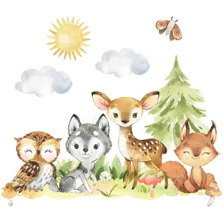 Wally Fox Wandtattoo Kinderzimmer Kinderzimmer Deko Wandtattoo Kinderzimmer Mädchen und Junge Wanddeko Wandaufkleber für Baby Waldtiere, Wald, Rotwild, Weide, Eule, Eichhörnchen L