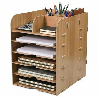 KAGEYMB 5 Fächer Schreibtisch Organizer Holz mit Stifthalter Dokumentenablage A4 Briefablage Ablagefächer Aktenmagazinhalter Papierablage a4 ordner ablage für Büro Zuhause Arbeitszimmer Schule Office