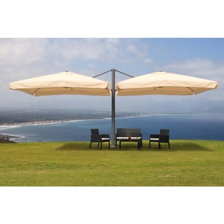 Gastronomie-Alu-Luxus-Doppel-Ampelschirm T44, Pergola-Markise-Effekt, 6,2x3m Polyester 50kg ~ creme-beige