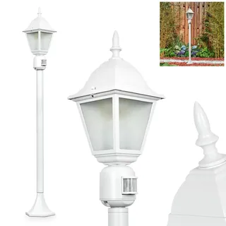 HOFSTEIN Außenstehleuchte Naofe, Außenwegeleuchte mit Bewegungsmelder aus Metall/Milchglas in Weiß, Wechselscheiben Klar, Wegeleuchte im Landhaus/Antik/Retro-Design, Garten, Hof, 116 cm, E27, IP44