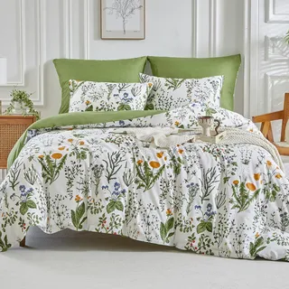 Tokokimo Bettwäsche für 135/150 cm breite Betten, Baumwolle, Motiv mit Zweigen und Blättern, 3-teilig, bestehend aus 1 Bettdeckenbezug 240 x 220 cm und 2 Kissenbezügen 50 x 75 cm, Grün/Weiß