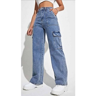 FIDDY Latzhose Damen Jeans Hohe Taille Trendy Cargo Jeans Stretch Wide Leg Denim Hose M