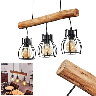 HOFSTEIN Pendelleuchte Gondo, Hängelampe aus Metall/Holz in Schwarz/Braun, 3-flammig aus Naturholz und schwarzem Metall, gitterförmige Lampenschirme, Höhe bis max. 140 cm, Küche, Wohnzimmer, Esszimmer