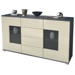 Vladon Sideboard Grömitz V1 (Kommode mit 2 Türen, 4 Schubladen und 2 flexible Glaseinlegeböden), Anthrazit matt/Creme Hochglanz (138,5 x 75,5 x 35) gelb