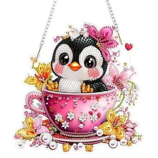 KEYIFA 5D Diamantmalerei Pinguin Teetasse Fensterbild 20x20cm