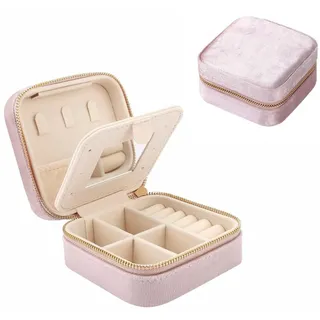 Copiel Kleine Reise-Schmuckkästchen, Mini-Samt-Schmuckkästchen-Organisator mit Spiegel, Display-Organisator Aufbewahrungsbox für Ringe, Ohrringe, Halsketten, Armbänder, Rosa