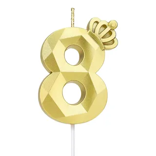Zahl 8 Kerze, 7.6 cm große Happy Birthday-Kerze mit exquisiter 3D-Krone, Tortenaufsatz, Dekorationen für Hochzeit, Jahrestag, Geburtstag, Wiedervereinigung, Themenparty, Dekoration, Feier (Gold-8)