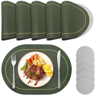Abwaschbar Tischsets aus Leder, 6er Set Doppelseitige Oval Platzsets 40 x 30 cm mit Untersetzern, rutschfest und Wasserdicht Tischsets für Zuhause Restaurant, Grün Grau