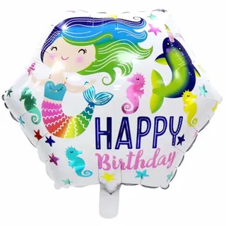 Folienballon Happy Birthday Eckig 45 cm, Mehrfarbig mit Meerjungfrau-Motiv, Bunt und Weiß, Perfekt für Kindergeburtstage, Partys und Feierlichkeiten, Langlebig und Wiederverwendbar