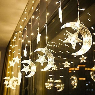 Mioloe LED Lichterketten Star Moon Vorhang Lichter LED Lichterketten mit 8 blinkenden Modi für Hausgarten Hochzeit Ramadan Fenstervorhang Dekoration (01)