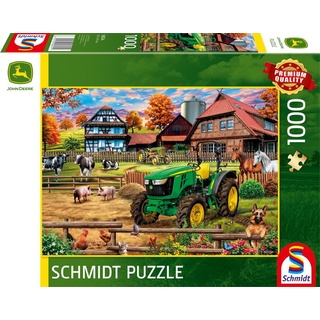 Schmidt Spiele Puzzle 1000 Teile Puzzle John Deere Bauernhof mit Traktor 5050E 58534, 1000 Puzzleteile