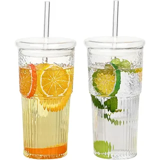GOSCHE Glasbecher mit Deckel und Strohhalmen, 590 ml, Eistee, Kaffeetassen, gewelltes Glaswaren-Set, breite Öffnung, Glasbecher mit Strohhalm für Wasser, Kaffee, Tee, 2 Stück, transparent