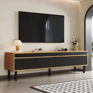 BTM TV Schrank 170 cm, TV Lowboard mit 3 Türen & Push-to-Open Moderner TV Unterschrank in Schwarz Holz Medienschrank mit Holzbeinen Streifendesign Stauraum Sideboard