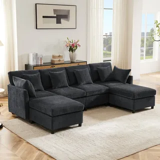 Merax Ecksofa (L/U-Form) Modulares 4-Sitzer Sofa mit umwandelbarem Fußhocker, Chenille-Stoff, Premium Komfort, Raumsparend & Wandelbar, Grau