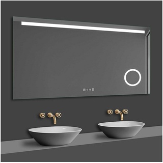 duschspa Badspiegel 80-140cm Kaltweiß, Uhr, Touch, Beschlagfrei energiesparend, 3x Vergrößerung LED Schminkspiegel 100 cm x 60 cm