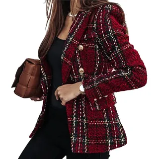 Vagbalena Zweireihiger Damenblazer Büroarbeitsjacke Blazer Büroarbeitsjacke Freizeitblazer Slim-Fit Revers Karierte Jacke (Wein rot,XL) - XL