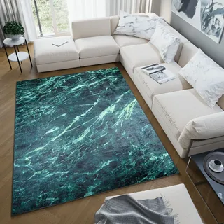 TAPISO Toscana Teppich Bedruckter Teppich Dunkelgrün Stein Marmor Waschbar rutschfest Wohnzimmer Schlafzimmer Büro Modern Design 80 x 150 cm