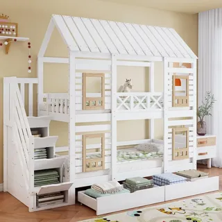 Flieks Etagenbett 90x200cm mit 2 Schubladen, Kinderbett Hausbett mit Fenster, Hochbett Einzelbett mit Treppe, Holzbett Kinderzimmer, Weiß - Naturbelassen