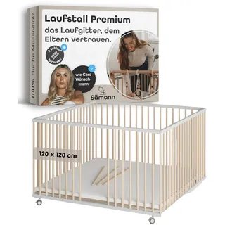 Sämann Laufstall Baby mit 3 Schlupfsprossen | TÜV geprüft | stufenlos höhenverstellbar | Laufgitter Premium | Babybett aus Holz | Krabbelgitter (weiß/natur, 120x120 cm)