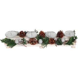 Adventsgesteck HWC-M12 mit Kerzenhaltern, Adventskranz Weihnachtsdeko Holz Silber weiß 18x49x13cm - ohne Kerzen