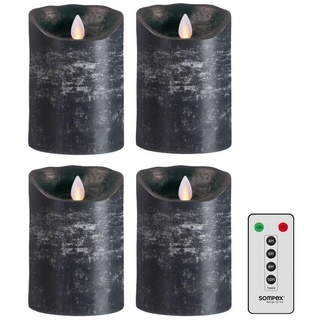 SOMPEX LED-Kerze 4er Set Flame LED Kerzen anthrazit 12,5cm (Set, 5-tlg., 4 Kerzen, Höhe 12,5cm, Durchmesser 8cm, 1 Fernbedienung), fernbedienbar, integrierter Timer, Echtwachs, täuschend echtes Kerzenlicht, optimales Set für den Adventskranz schwarz