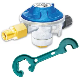 BlueCraft Gasdruckregler für Schraubkartuschen Druckminderer 50mbar Gaskartusche mit Gewinde, 50 mbar, (für Gasgrill Camping Gaskocher Gas-Heizstrahler), Gasregler für Butan Gaskartuschen EN417 mit Anschraubgewinde 7/16"