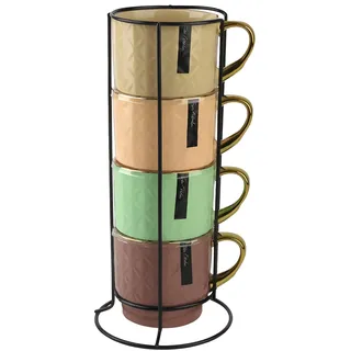 Festa Italia 4 x 340 ml Espressotassen Set aus Keramik mit Ständer - Stapelbar Espresso Tassen - Expresso Tassen Modern - Esspresotasen - Mokkatassen - Kaffeebecher für Espresso, Latte, Cappuccino