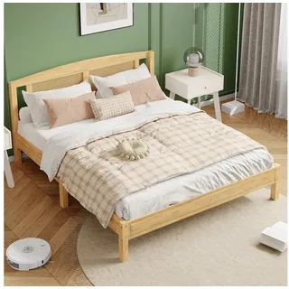 STILVORA Holzbett mit Matratze,160X200Rattanbett Doppelbett mit Rattannetzkissen (Rattannetzkissen, mit 15 Latten und Mittelfüße, Kiefer + PE-Rattan, 160X200cm), ohne Matratze beige