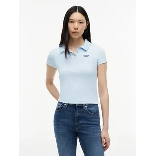 Poloshirt TOMMY JEANS "TJW SLIM RIB SCRIPT POLO", Damen, Gr. L (42/44), blau (kingly blau), Single Jersey, Obermaterial: 95% Baumwolle, 5% Elasthan, unifarben, slim fit normal, Rundhals, Shirts, Baumwollmischung, slim fit, figurbetont, in gerippter Struktur