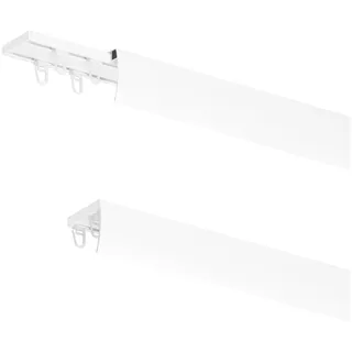 MDEKOR LED-tauglich Vorhangschiene aus Aluminium 350 cm für Deckenmontage - ZWEISEITIGE Schiene in Weiß mit stabilen METALL-Halterungen, inkl. mit Gleitern/Haken selbstklebende Abdeckblende