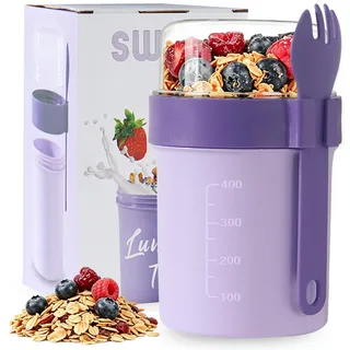Swkien Müslibecher to go mit Löffel - Auslaufsicherer Joghurtbecher to go mit Unterteilung (560ml + 220ml) - Spülmaschinengeeignet & BPA-Frei - für Büro, Fitness, Schule, Reise - Vivid Lilac