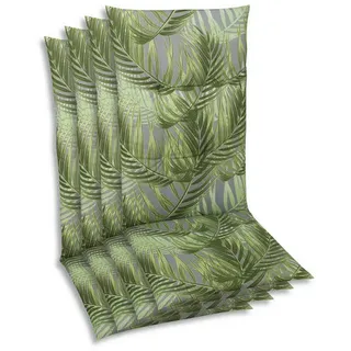 Sesselauflagenset, Grau, Grün, Textil, 4-teilig, Blätter, Füllung: Schaumstoff, Vlies, 48x5x118 cm, Oeko-Tex® Standard 100, pflegeleicht, für den Außenbereich geeignet, mittels Gurtband zu befestigen, Outdoor-Kissen, Gartenstuhlauflagen, Hochlehner-Auflagen