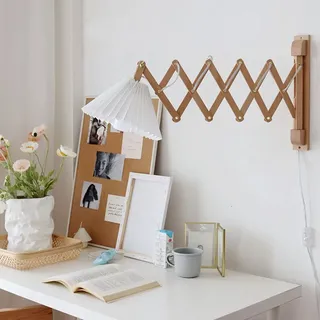 Holz Wandlampe mit Schalter Innen Vintage Wandleuchte Verstellbar Teleskoparm Scherenlampe Ausziehbar Flexible Wand-Leselampe Schlafzimmer Nachttischlampe mit Kabel Stoffschirm E27 Wandleuchtung Holz
