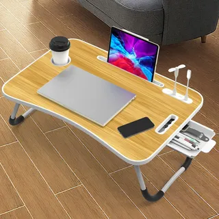 Huracan Laptoptisch für Bett, Laptop Ständer Betttisch Klappbarer, Tragbares Lapdesk mit Schublade, Tassenhalter, Beleuchtet und USB, Bett Tisch Lapdesk, Laptop Table für Couch (60 * 40cm, Walnuss)